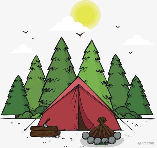 手绘树林露营帐篷png素材透明免抠图片-动植人物